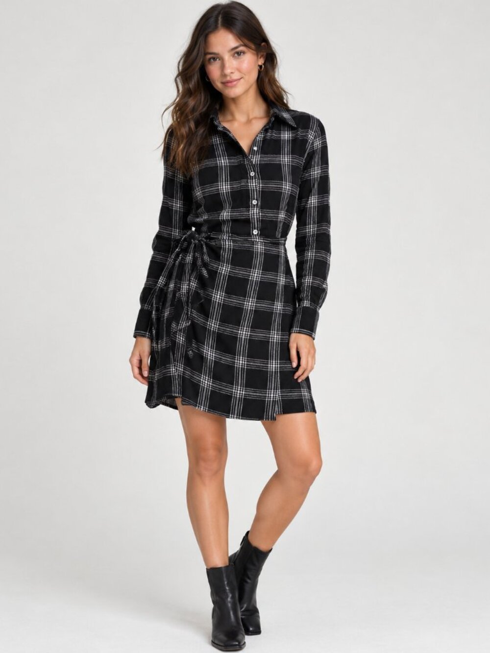 Untuckit Tessa Shirt Wrap‎ Dress Womens 2 Black Plaid Belted Button Up